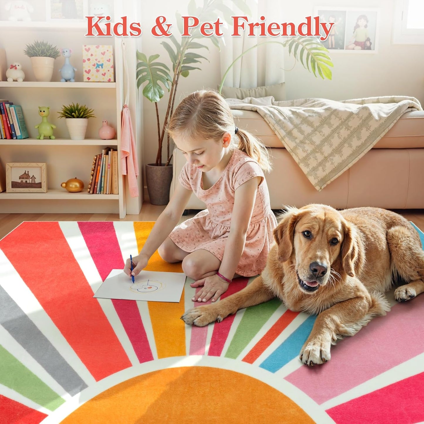 STARUIA Boho Machine Washable 6x9 Area Rugs for Living Room, Soft Non-Slip Large Sun Rainbow Nursery Kids Rug for Bedroom, Colorful Throw Rug Carpet for Classroom Office Dining Room(Color,6'x9')