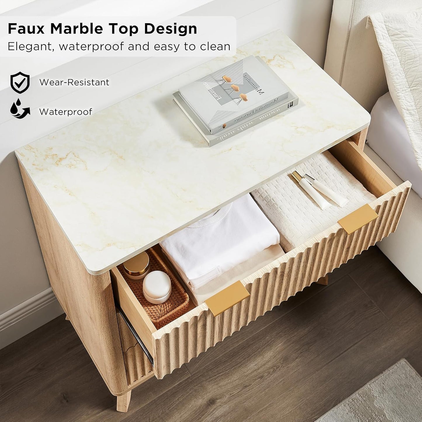 T4TREAM 32" Tall Fluted Nightstand Set of 2, Modern Side Table with Faux Marble Top, 3 Drawers End Table w/Storage, Bedside Table for Bedroom, Living Room, Curved Profile Design, Natural Oak