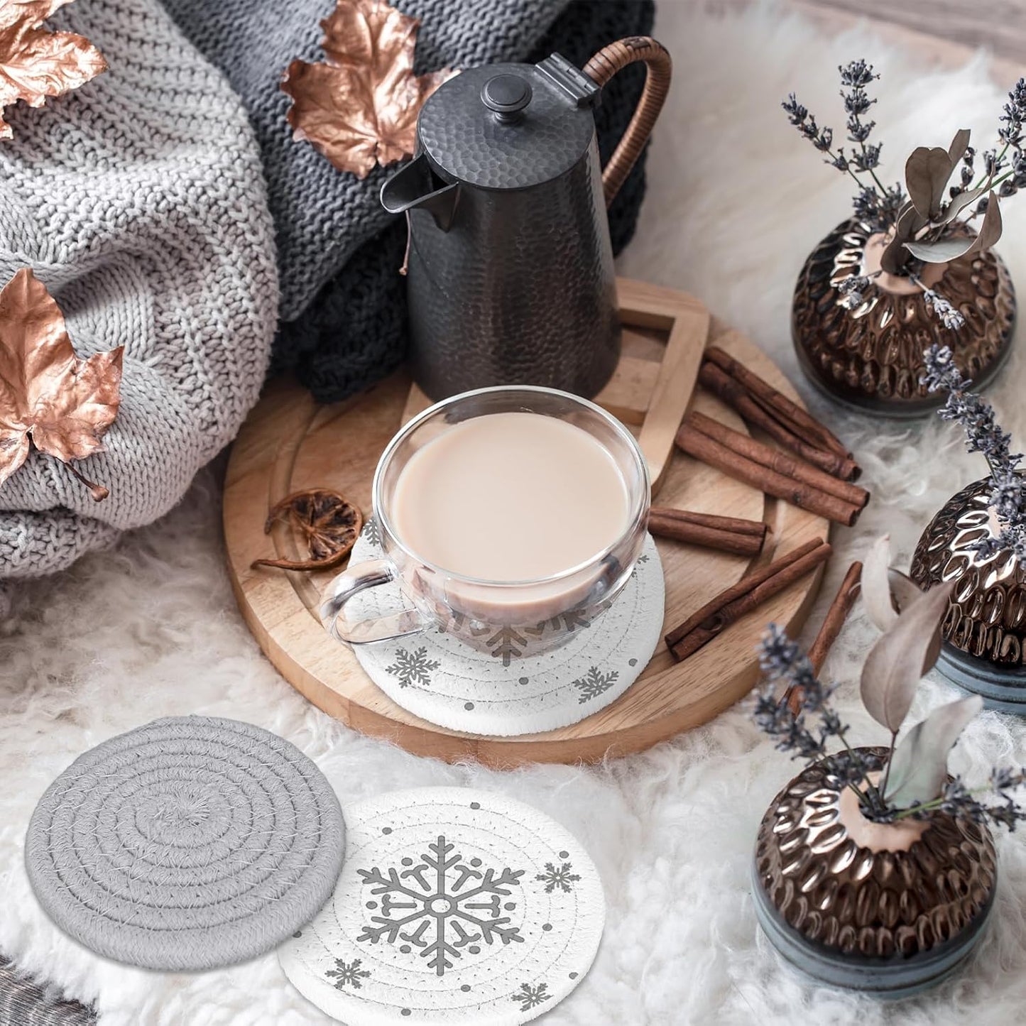 Whaline Winter Snowflake Handmade Braided Cotton Coasters Christmas Grey Snowflake Drink Coasters Absorbent Cup Coasters for Xmas Party Home Office Decor, Set of 4