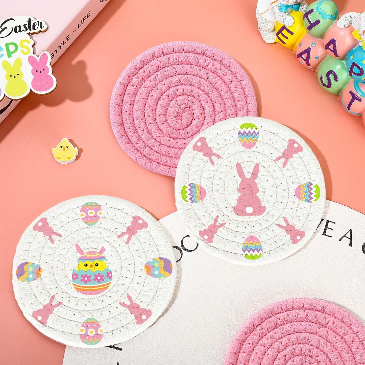 Whaline 4Pcs Easter Bunny Rabbit Egg Cotton Coasters - Handmade Braided Drink Coasters - Pink & White - Absorbent Round Tabletop Protection