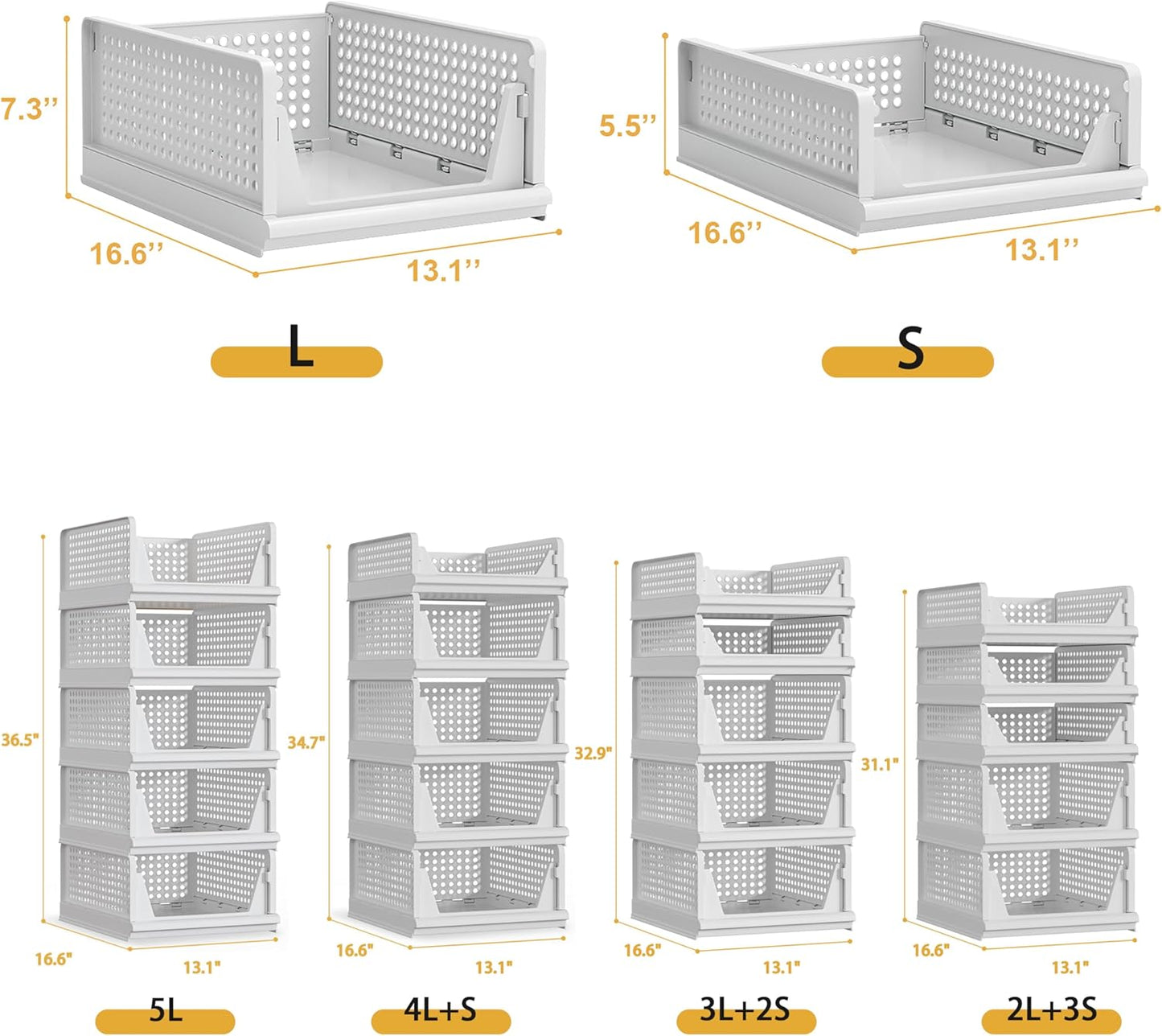 5 Pack Stackable Plastic Storage Basket Closet Organizer Bin Foldable Clothes Organizer Storage Drawer Shelf Container for Living room Bathroom Kitchen Office (3L+2S)