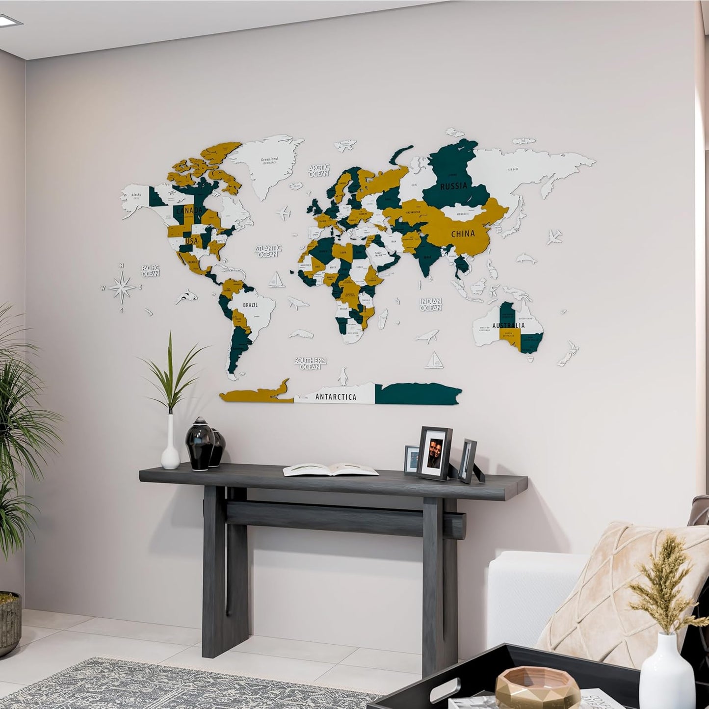 Colorfull Worlds 3D Wooden World Map Wall Art | Unique Wall Decor with Pins for Travel Enthusiasts | Home and Office Wall Décor | Gold-Blue | Medium