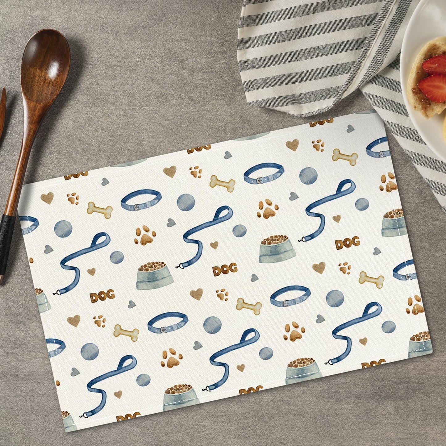 Dog Paw Print Placemats Set of 4, Puppy Pets Themed Table Mat for Home Kitchen, Restaurants, Outdoor Linen Washable Place Mats 12x18 inch Party Event Dining Decoration-08