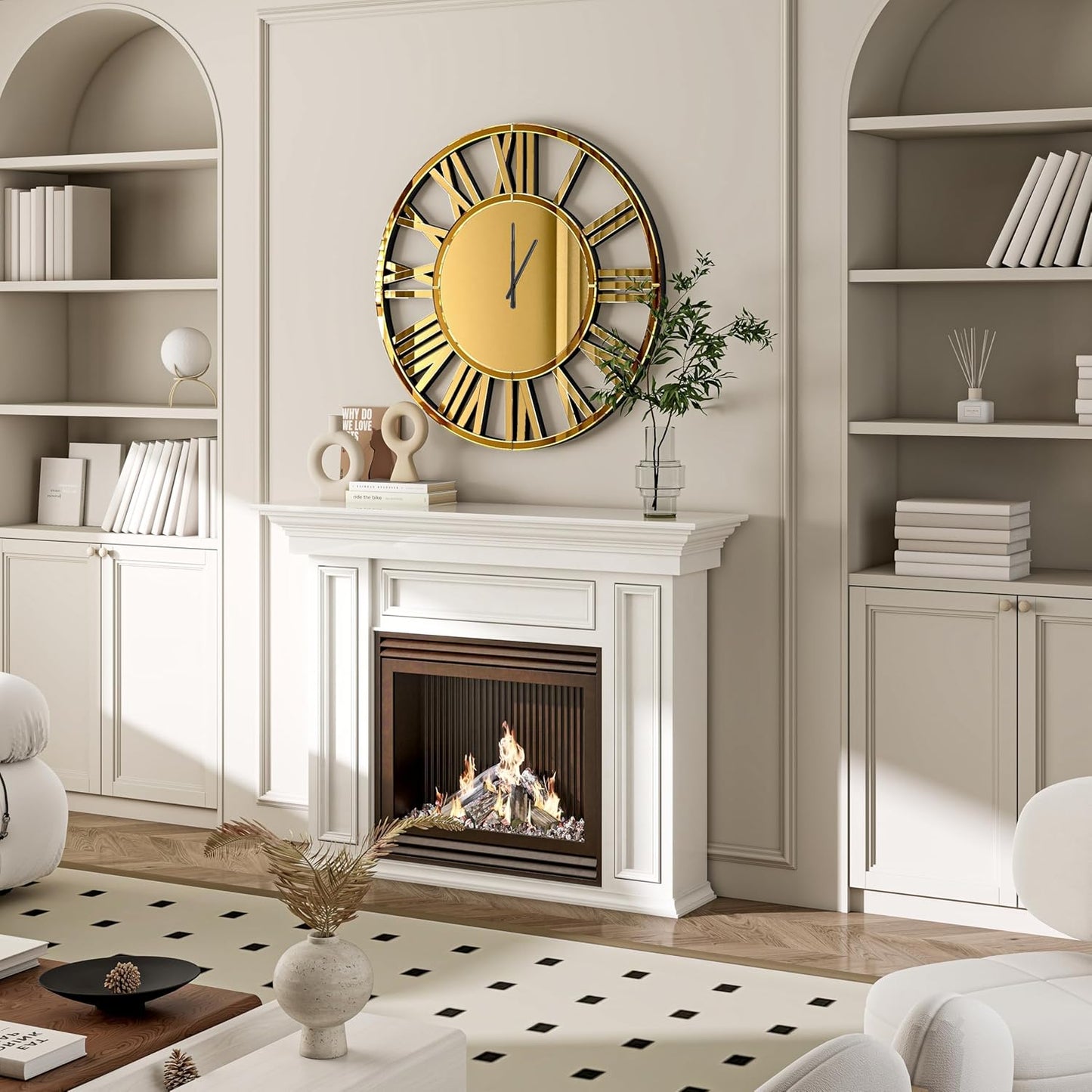 SHYFOY Mirrored Wall Clock, 32" Decorative Roman Numeral Clock, Large Silver Wall Clock for Living Room, Battery Powered, Simple Installation