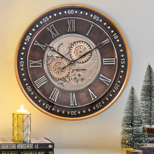 CLXEAST 24 Inch Wall Clock with Moving Gears,Oversized Large Industrial Steampunk Clock, Antique Gold Metal Roman Numeral Wall Clocks for Farmhouse Living Room Decor