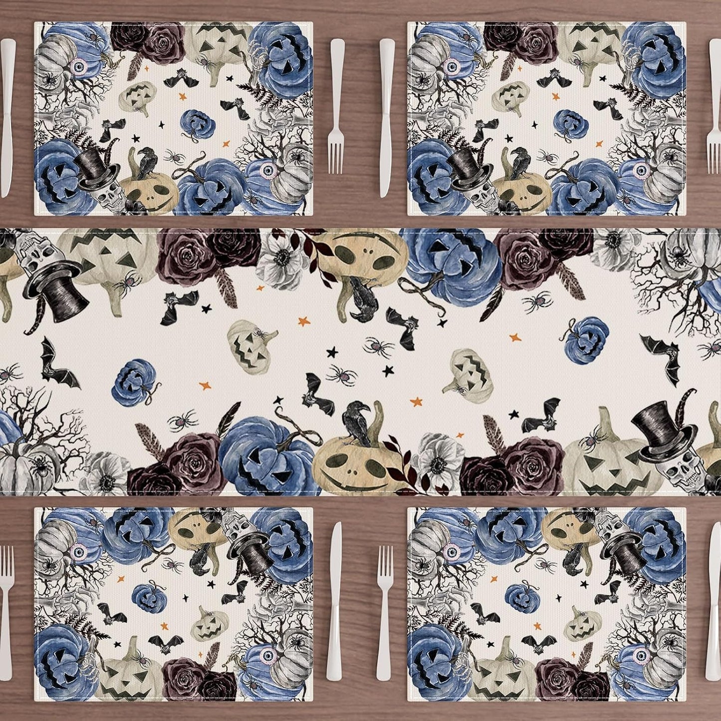 XCHI Spooky Blue Pumpkin Halloween Placemats Set of 6 Table Mats for Party Home Kitchen Dining Table Decorations 12x18 Inch