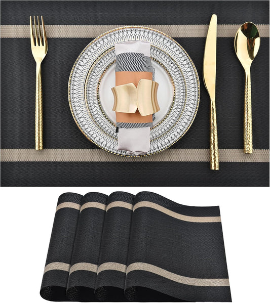 Black Placemats Set of 4 - Easy Clean Modern Durable Washable Vinyl Place Mats - Heat Resistant Placemats for Kitchen Table - PVC Table Mats for Dining Table (Black with Stripes, 4)